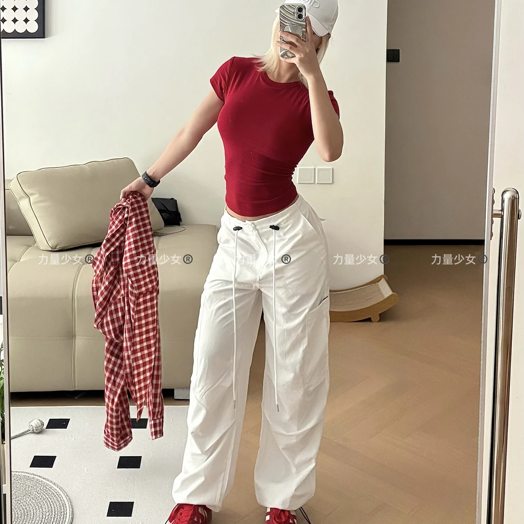 力量少女—【超飒工装裤】大口袋侧抽绳夏新款宽松阔腿裤直筒束脚裤