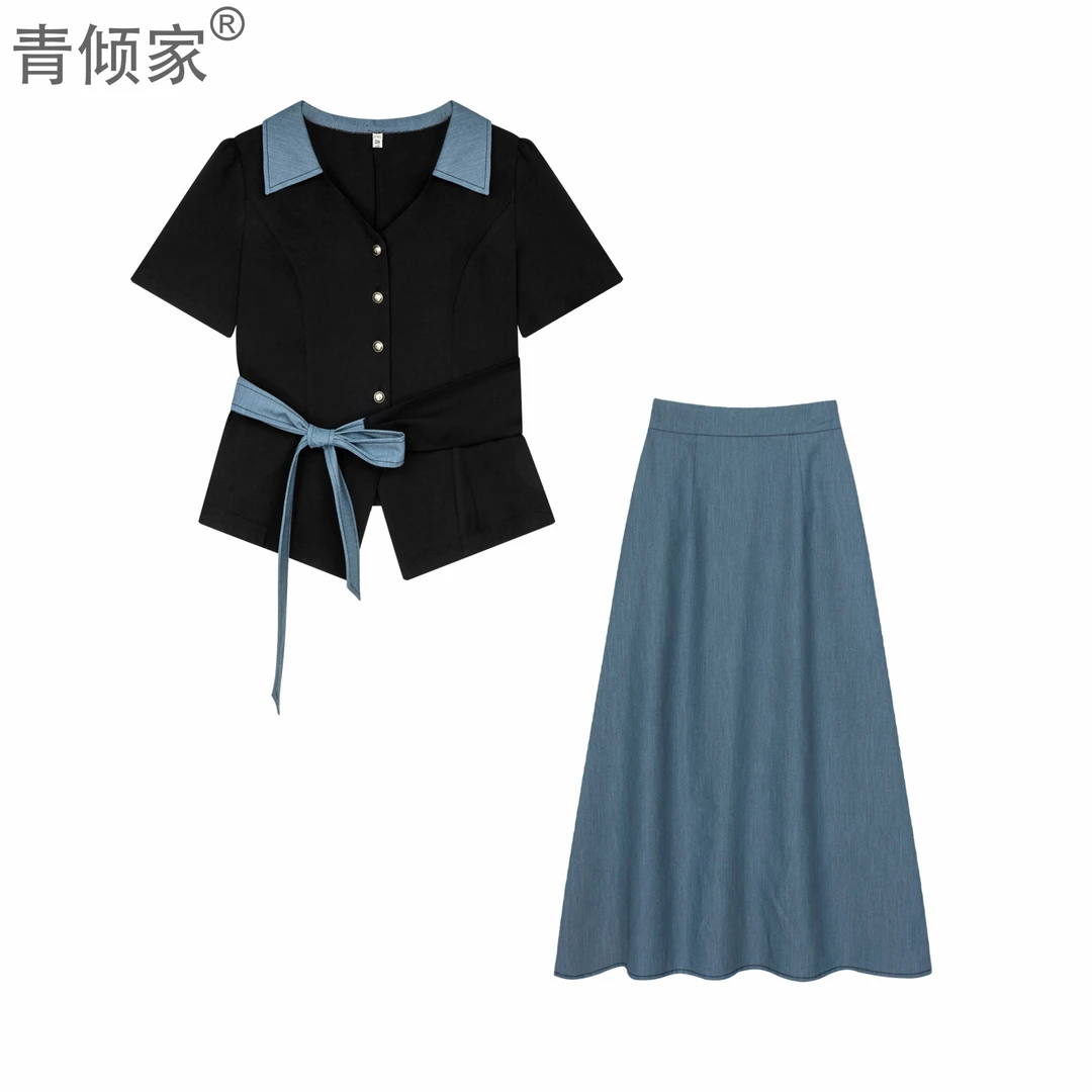 青倾家【慢调巴黎】夏季收腰短袖上衣微胖mm显瘦仿牛仔半身裙套装