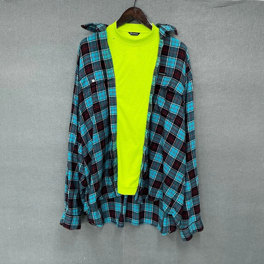 99新 Balenciaga/巴黎世家 格纹拼接假两件破坏衬衫 99新1码/8751