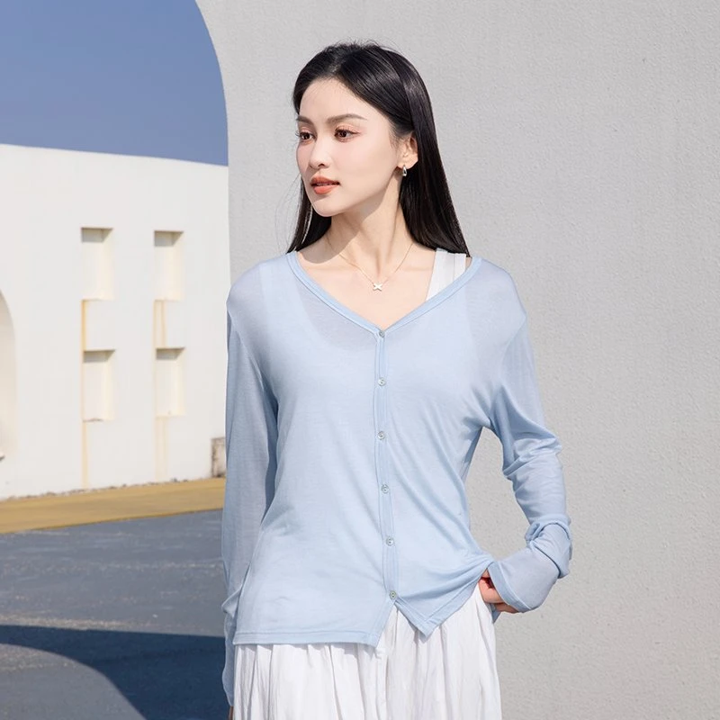 【悠然自乐】莱赛尔天丝醋酸开衫新款绵羊毛外套薄款纽扣长袖上衣