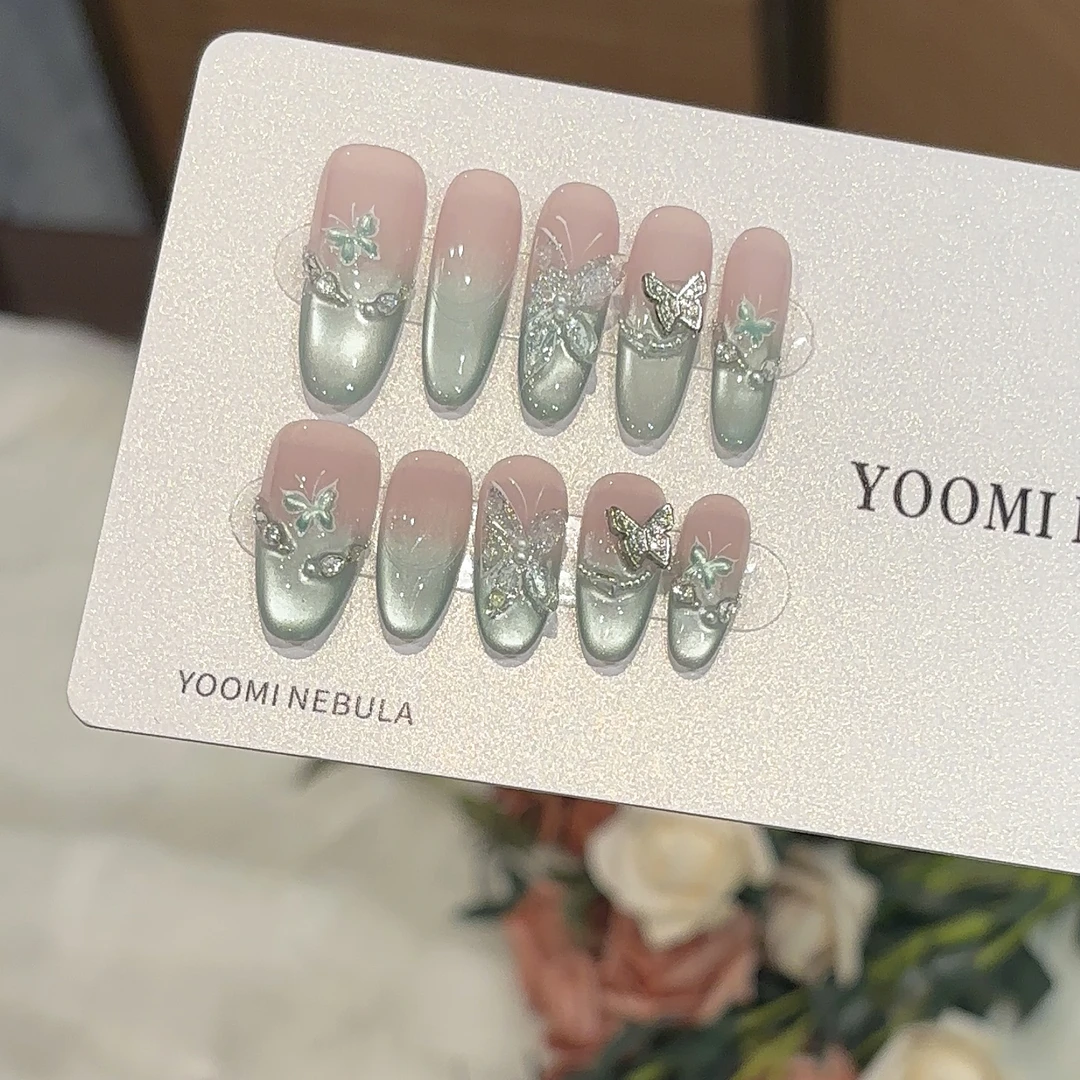 【曼波仙蝶】纯手工光疗穿戴甲渐变猫眼薄荷曼波显白纯欲风