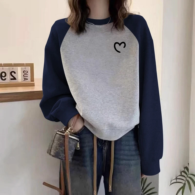 撞色卫衣女圆领宽松秋冬爆款加绒加厚藏蓝色拼接插肩袖春秋上衣潮