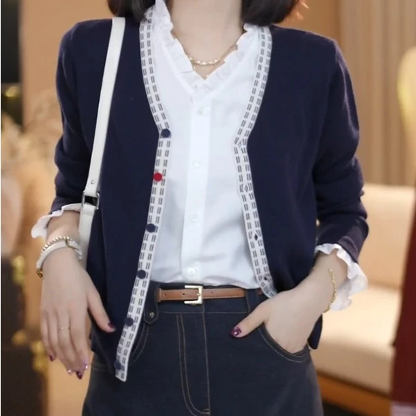 拼接木耳边假两件长袖针织开衫女2025年秋季新款气质显瘦休闲上衣