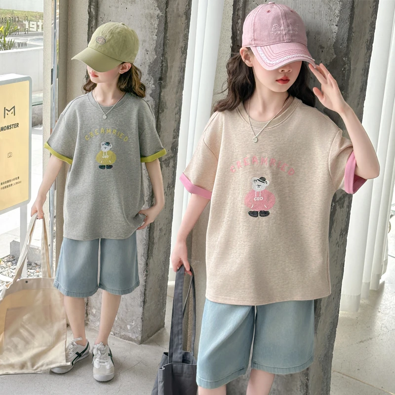 2025新款女童短袖T恤夏装牛仔中裤套装潮酷洋气6-12岁15两件套