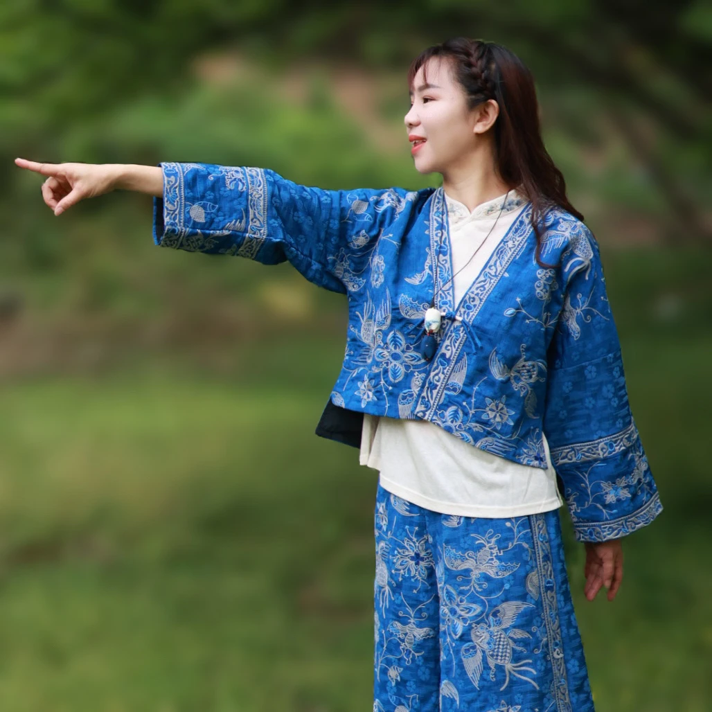 【青花】新款洋气对襟复古民族风刺绣新中式夏季外套长袖上衣蜡染