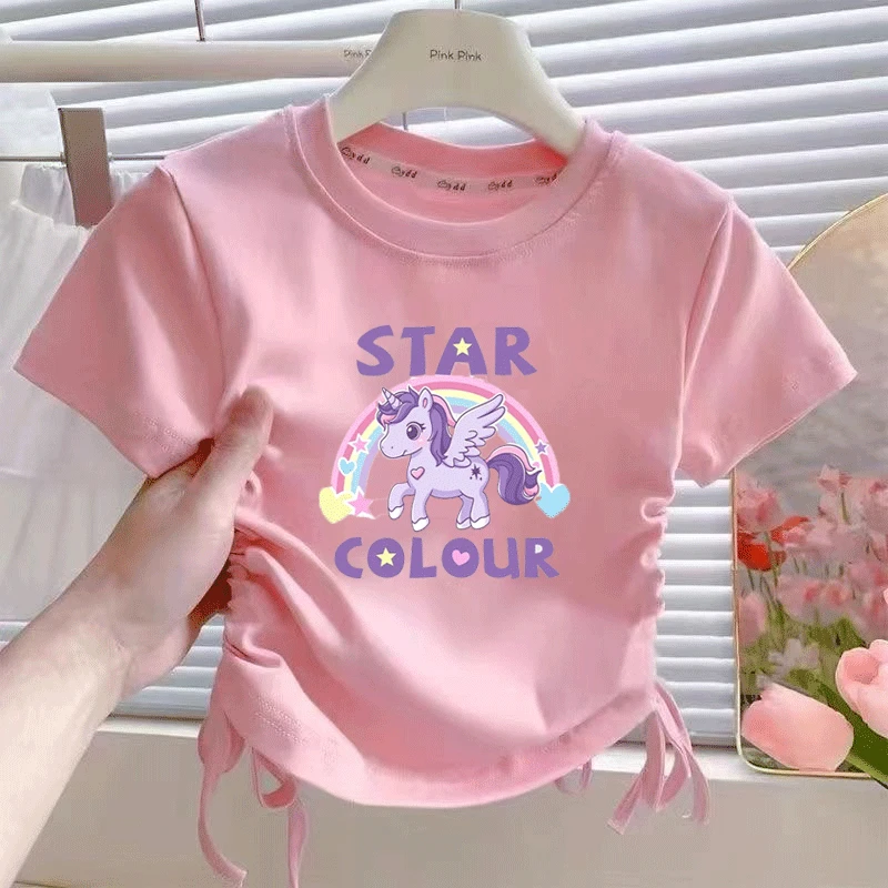 纯棉短袖T恤女童新款夏季抽绳卡通小马宝莉儿童宝宝外穿可爱上衣t