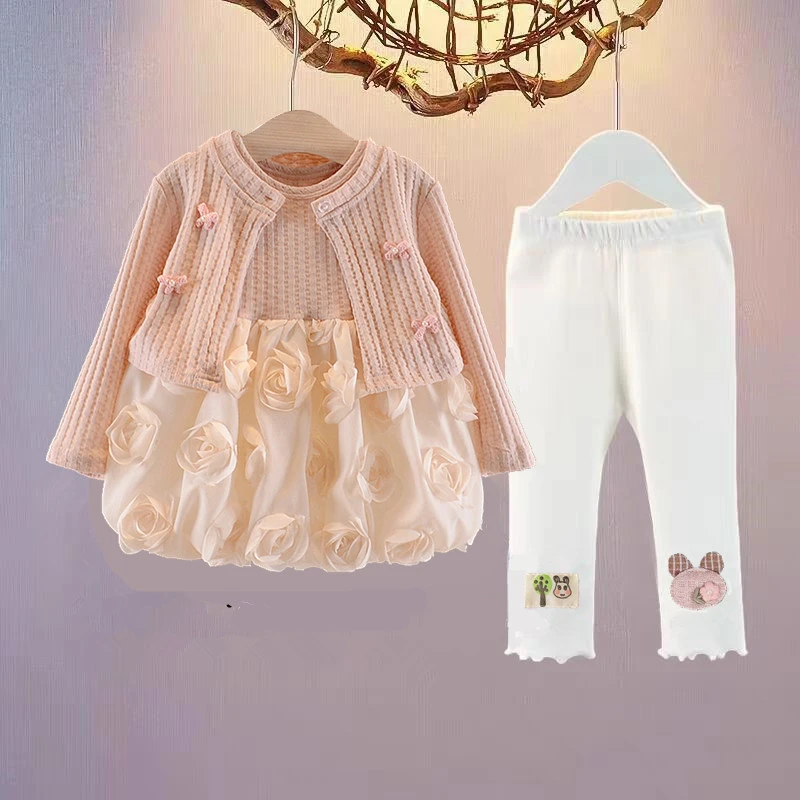 女童婴儿连衣裙套装春秋装2025新款女宝宝裙子三件套一周岁童装潮