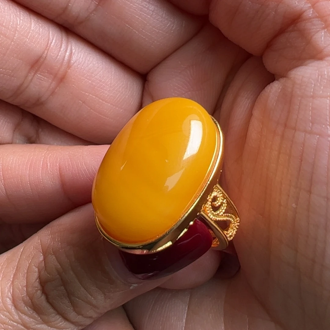 蜜蜡戒指银S925镀金镶嵌