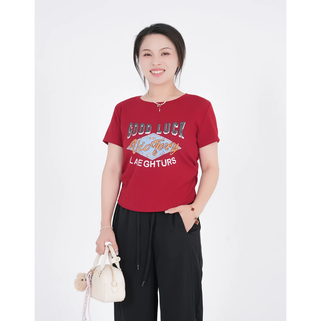 小个子圆圆HP524侧褶皱印花辣妹T恤圆领宽松百搭休闲短袖打底衫潮