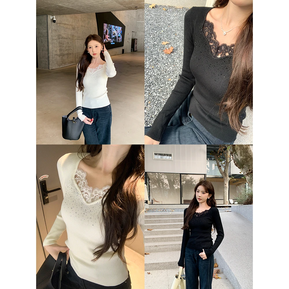 SHAOER【冬日特调】温柔风蕾丝公主领烫钻针织毛衫女S725X20996