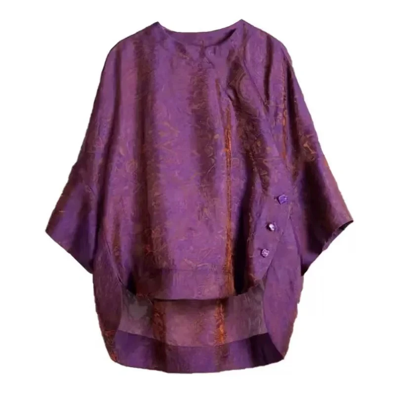 新中式国风紫色盘扣上衣女2025新款缎面提花衬衫显瘦七分袖T恤衫