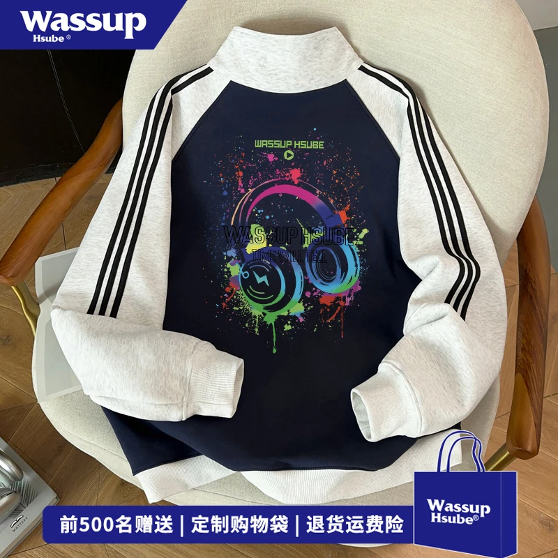 WASSUP HSUBE秋冬新款彩色耳机立领开衫卫衣男女卫衣美式潮流外套