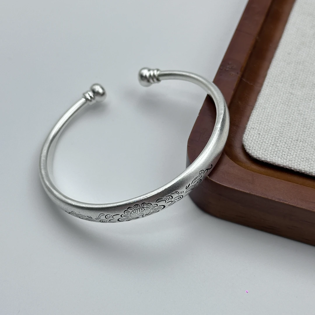 足银手镯 银9999复古磨砂做旧樱花民族风莲花开口高级感轻奢小众