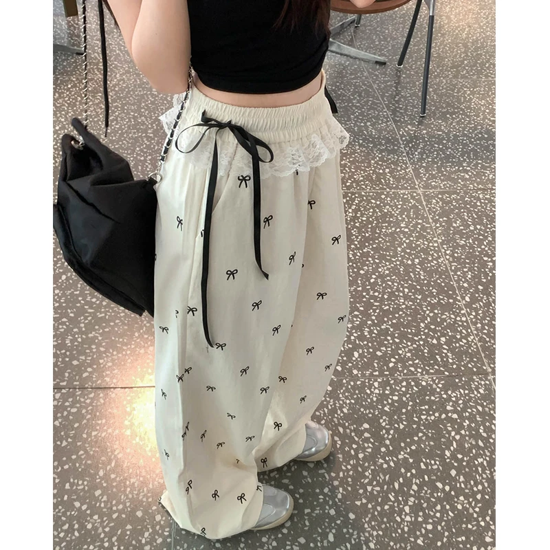 垂感薄款阔腿裤蕾丝花边拼接蝴蝶结休闲裤女夏无磁无铁宽松直筒裤