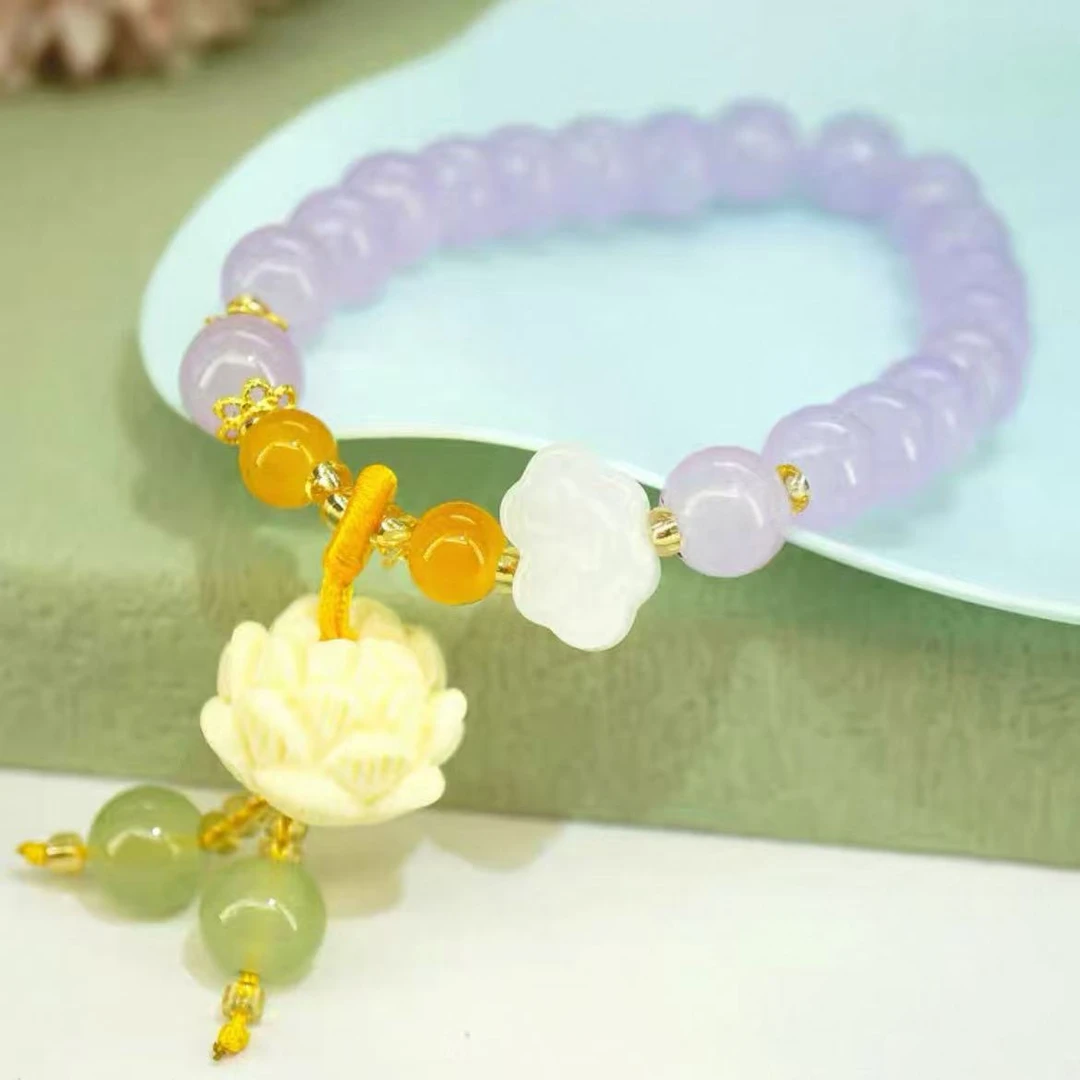 钛钢琉璃手链 3319新中式芋泥紫好事莲莲弹力手串