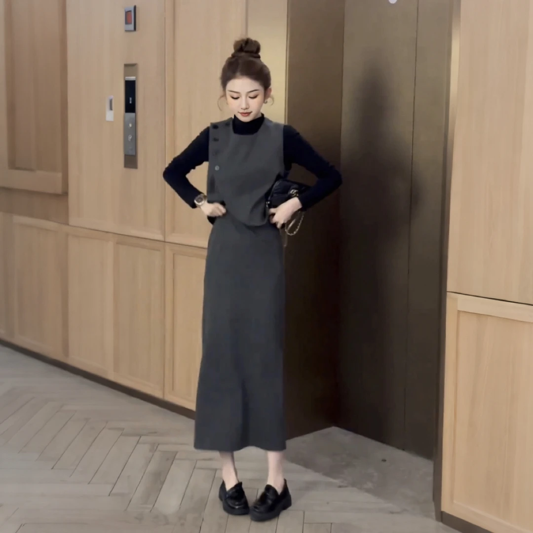 运费补贴秋季三件套长袖西装套装显瘦百搭裙子女开叉裙子