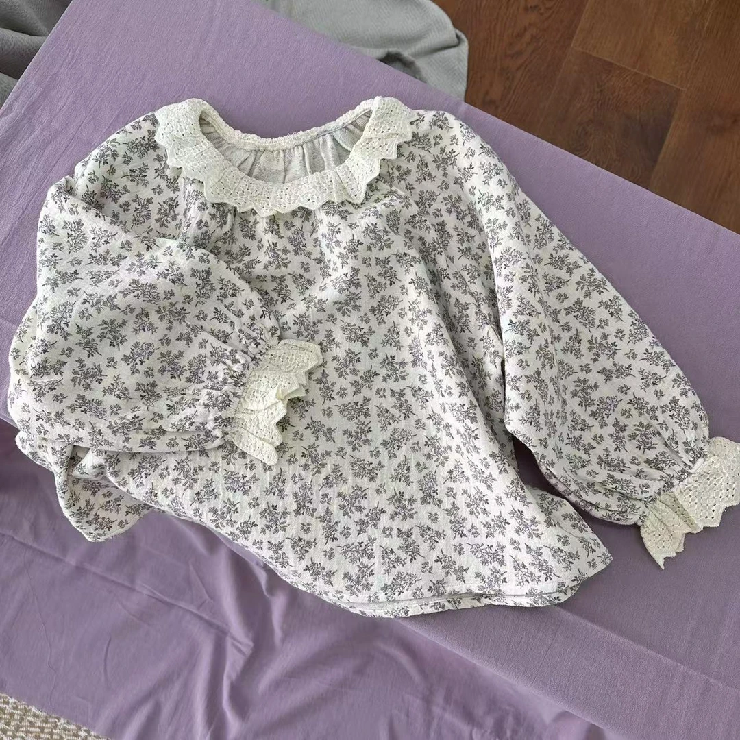 〖姐姐家〗2025秋款儿童萌娃穿搭翻领蕾丝碎花娃娃衫衬衫 bt107