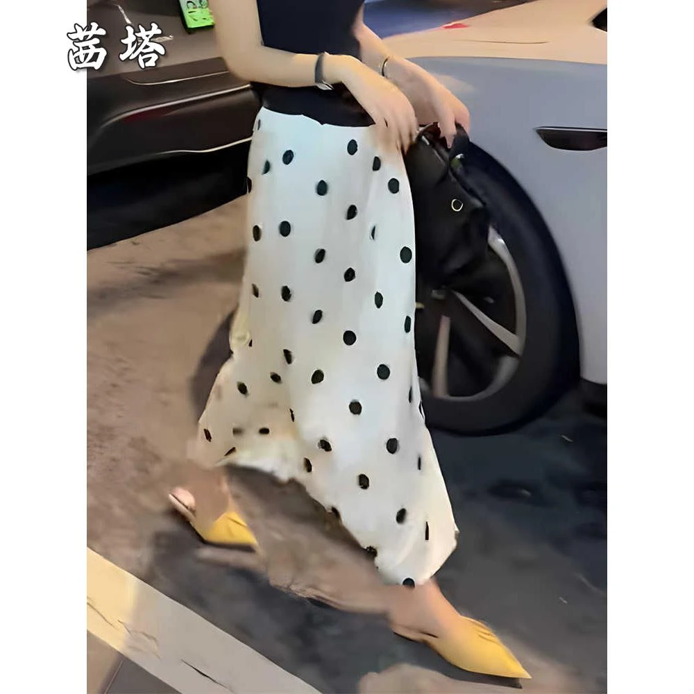 醋酸缎面波点半身裙女2025夏季新款垂感高腰显瘦百搭中长裙a字裙