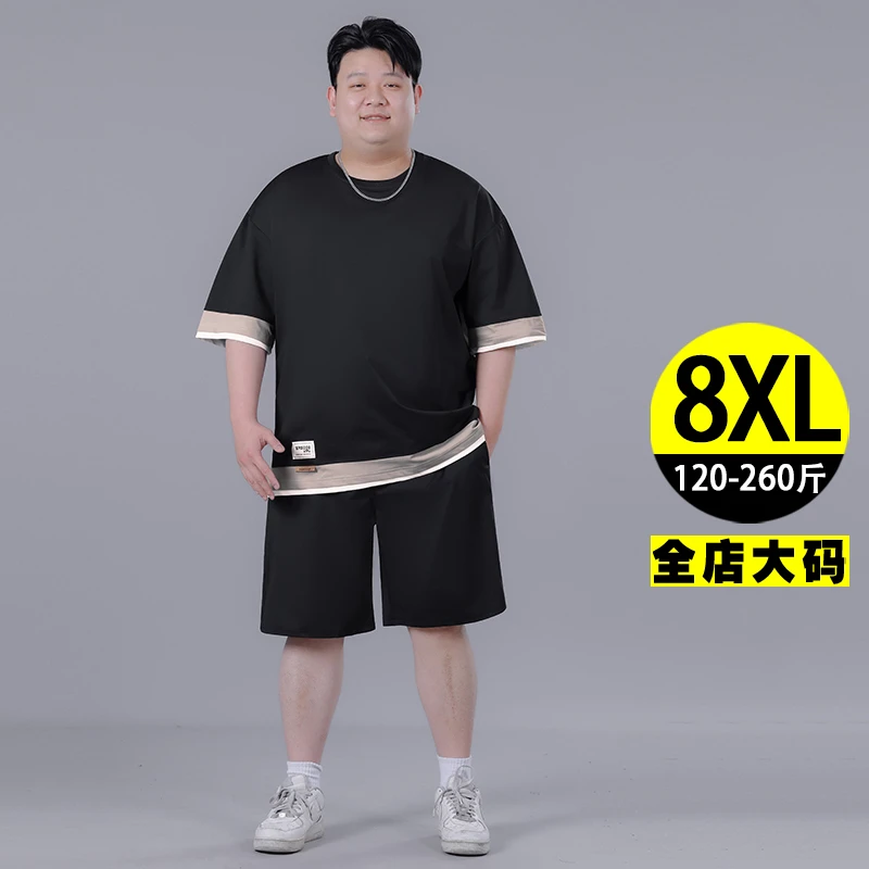 夏季大码男士运动套装男休闲胖子宽松潮牌上衣T恤男装百搭短裤男