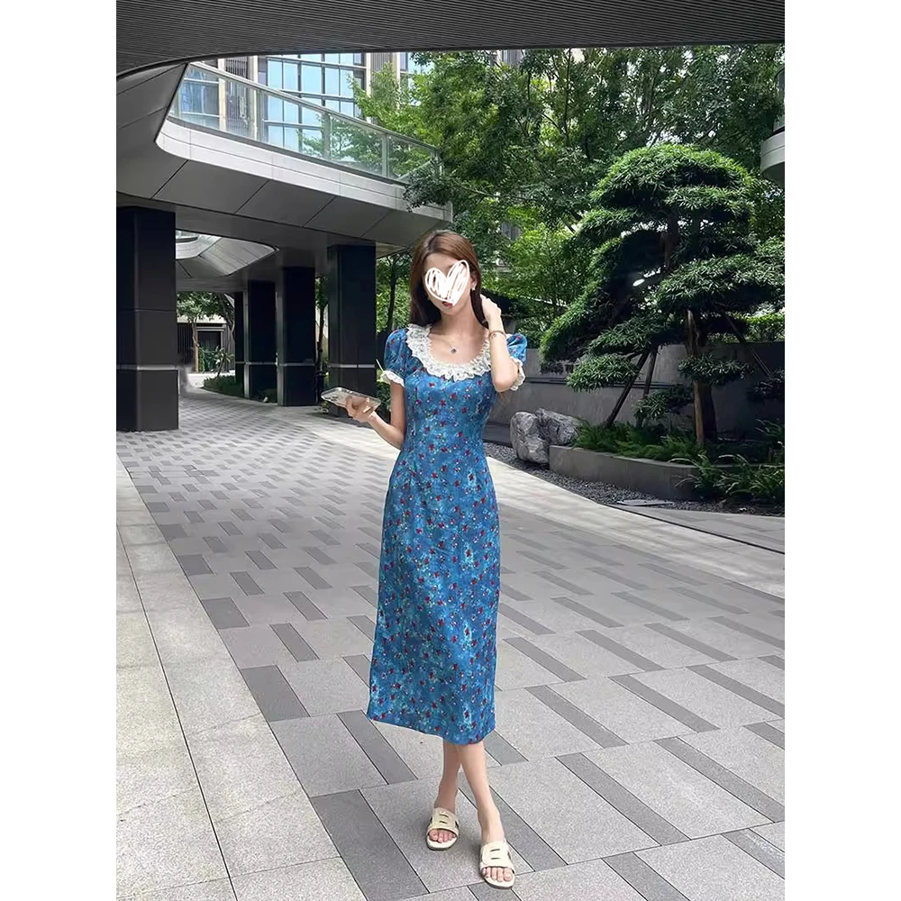 【落日玫瑰】法式纯欲油画风方领蕾丝拼接连衣裙时尚碎花长裙D8149