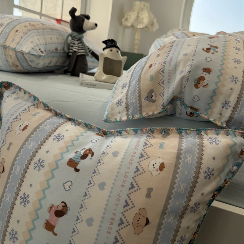 易安阁彩边双层纱蓝色波斯小狗狗纯棉全棉少女心四件套1.5m1.8米