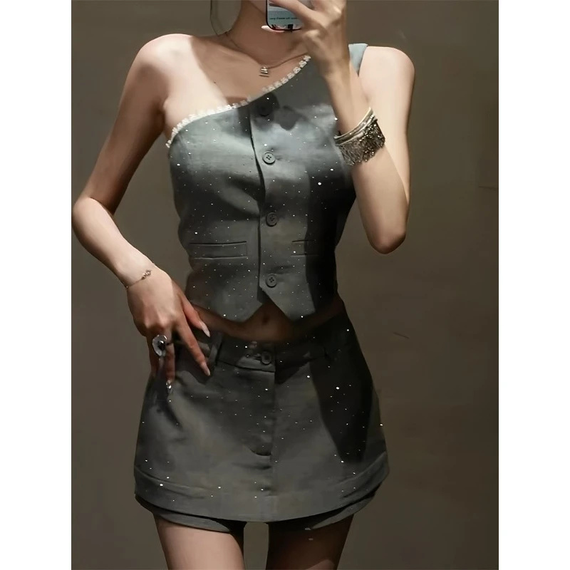 法式重工烫钻斜肩西装马甲背心高腰半身裙裤两件套女夏季辣妹套装