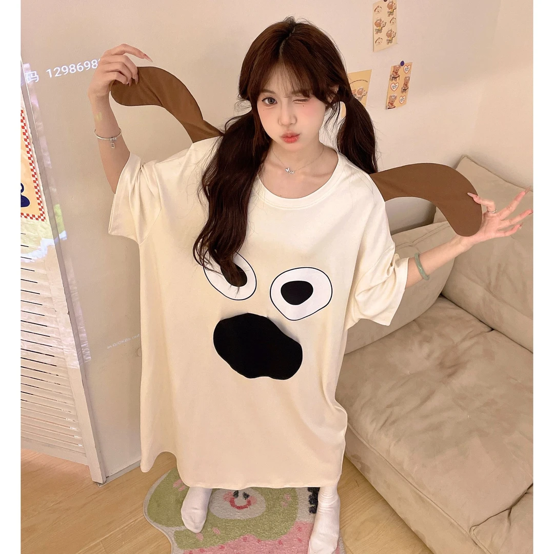 卡通小狗睡裙女夏季棉质薄款可爱学生睡衣宽松加大码家居服可外穿