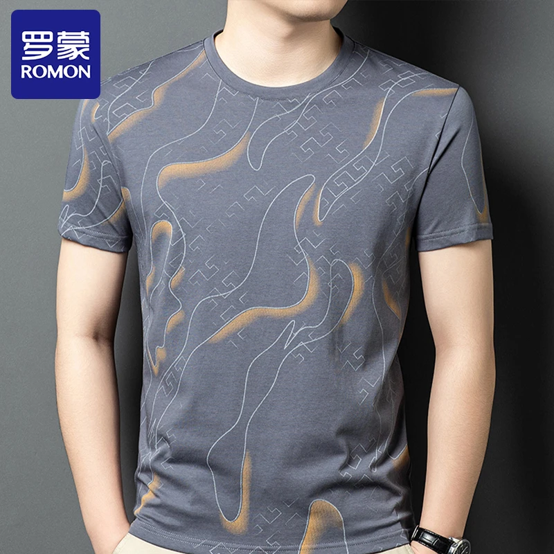 Romon/罗蒙夏季新款长绒棉短袖高档T恤男士印花圆领男装T恤衫