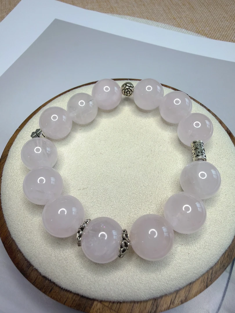 天然水晶粉水晶S925银镀金配饰单圈手串12mm大尺寸简约精美女款