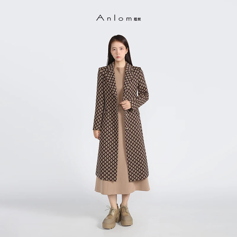 Anlom/娅奴棉外套女新款宽松时尚复古休闲简约格纹大衣女长款