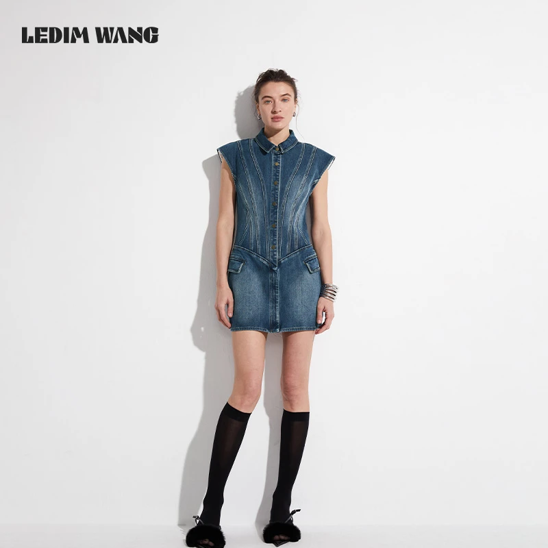 LEDIM WANG原色无袖牛仔连衣裙女夏2025新款翻领结构拼接百搭短裙