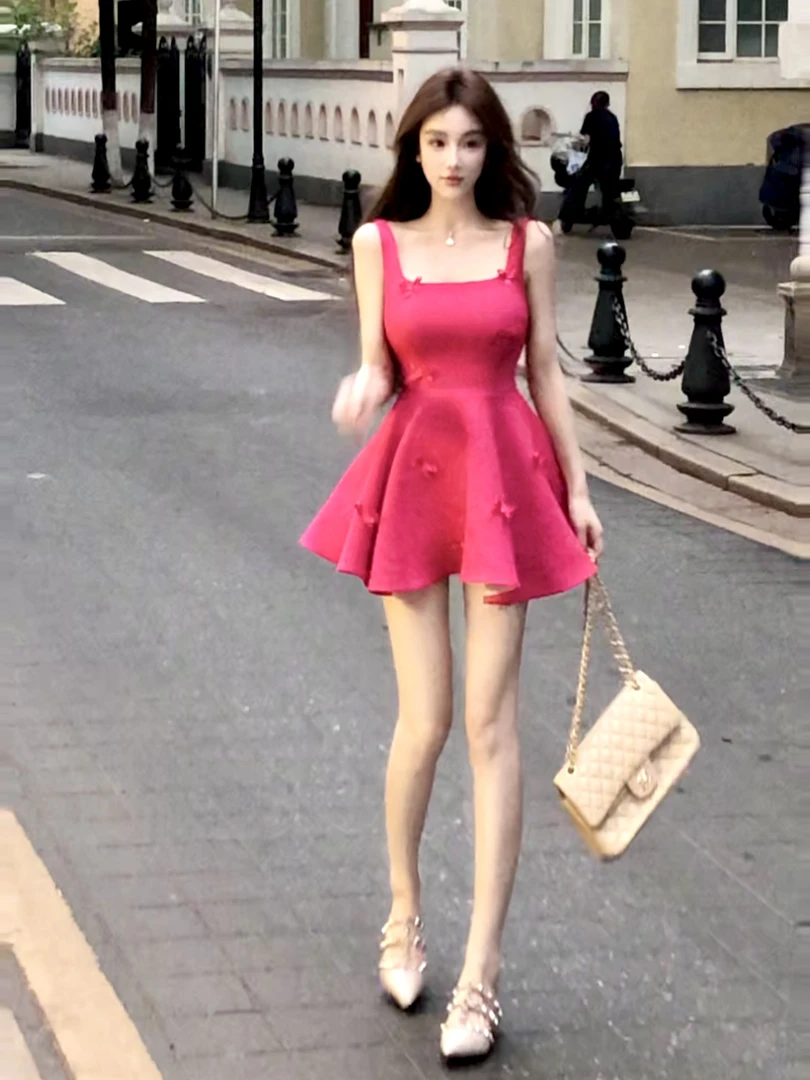 WW定制「玫红蝴蝶」法式轻奢气质纯欲性感修身显瘦收腰洋气连衣裙