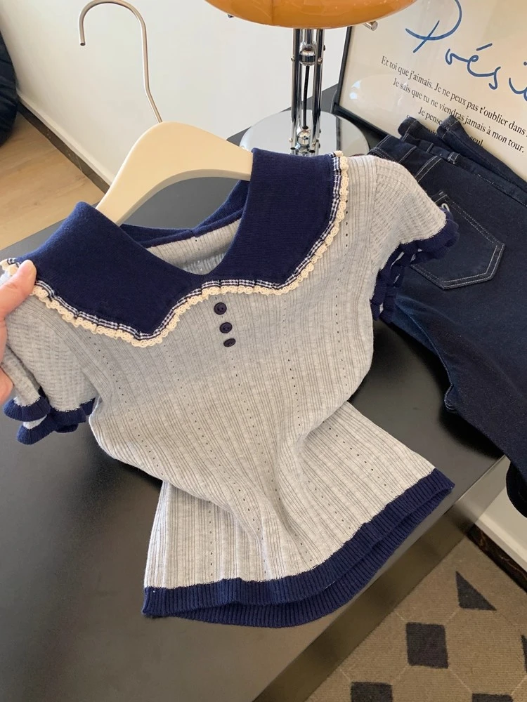 撞色娃娃领灰色针织衫短袖T恤女士短款设计感上衣高级感2025夏季