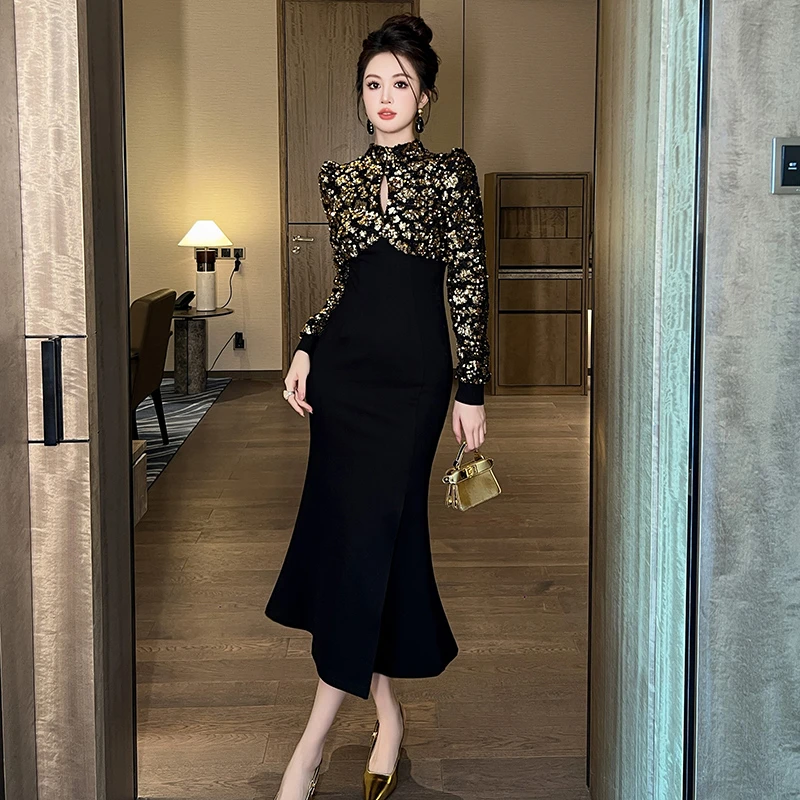 连衣裙气质长袖黑色开叉修身包臀秋季气质长袖黑色开叉修身 91447