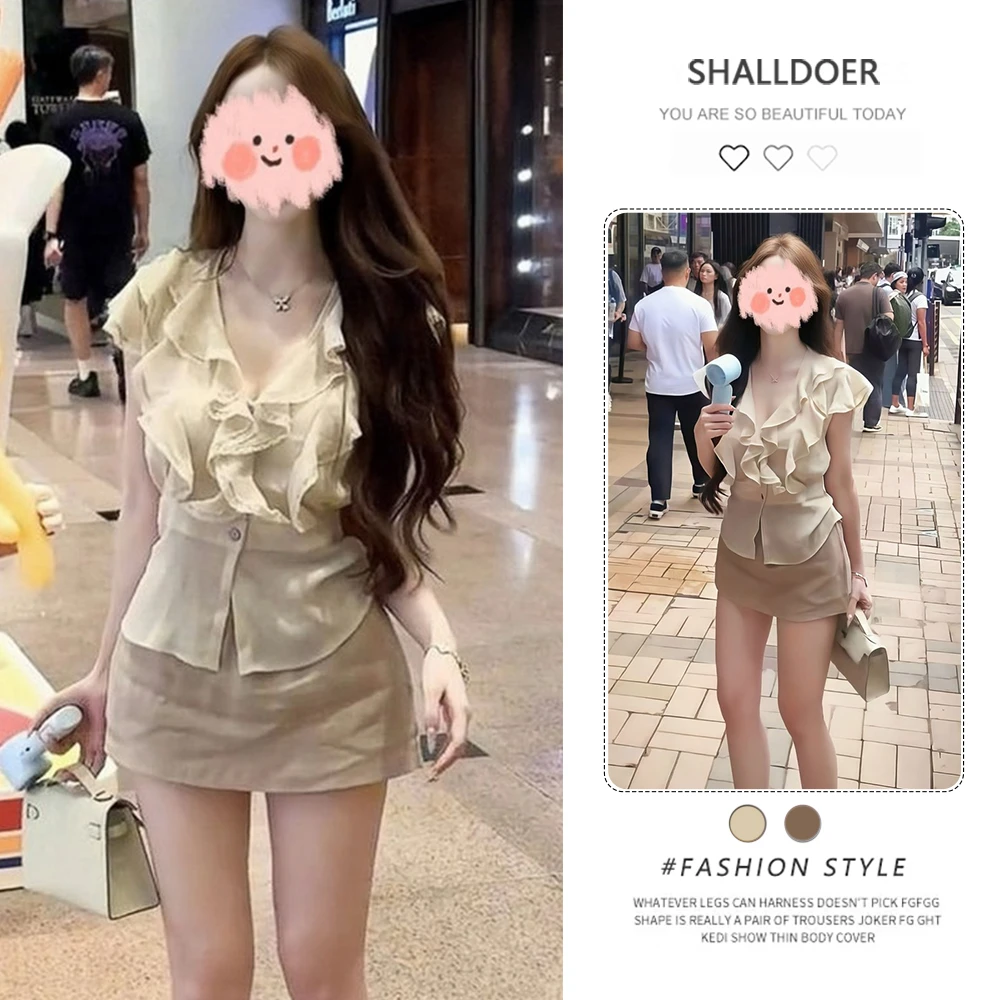 韩系女装气质必备！荷叶边V领雪纺上衣A字短裙解锁甜辣氛围感