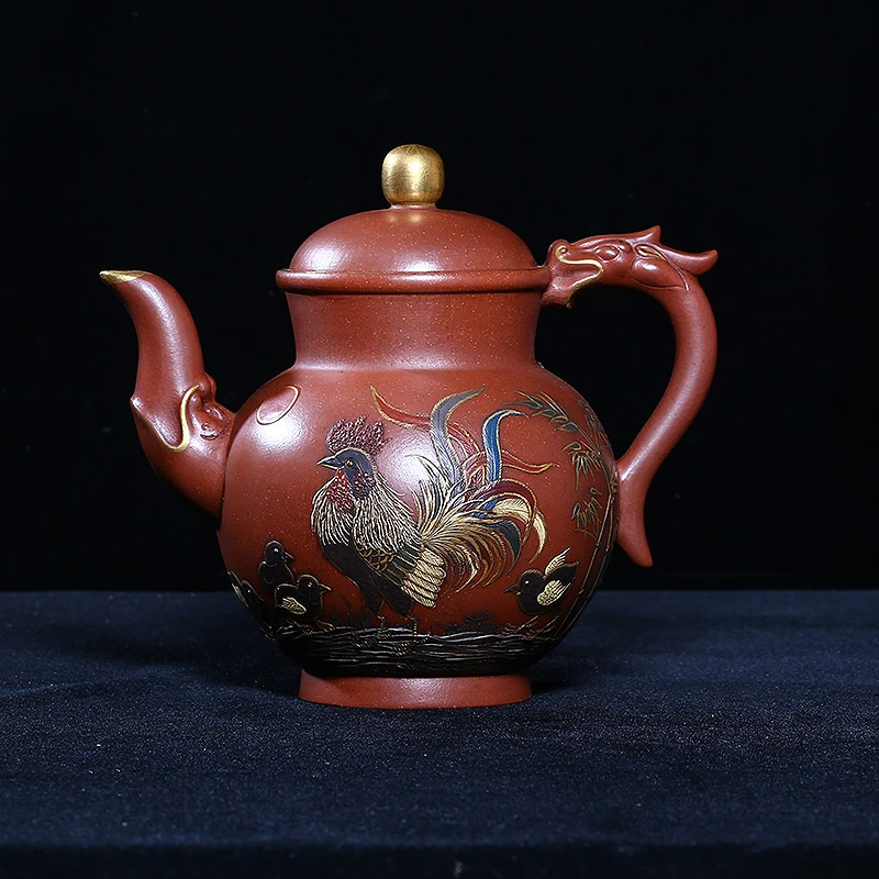 台湾回流老紫砂壶独孔650c龙纹章底槽清泥绘金鸡龙执壶