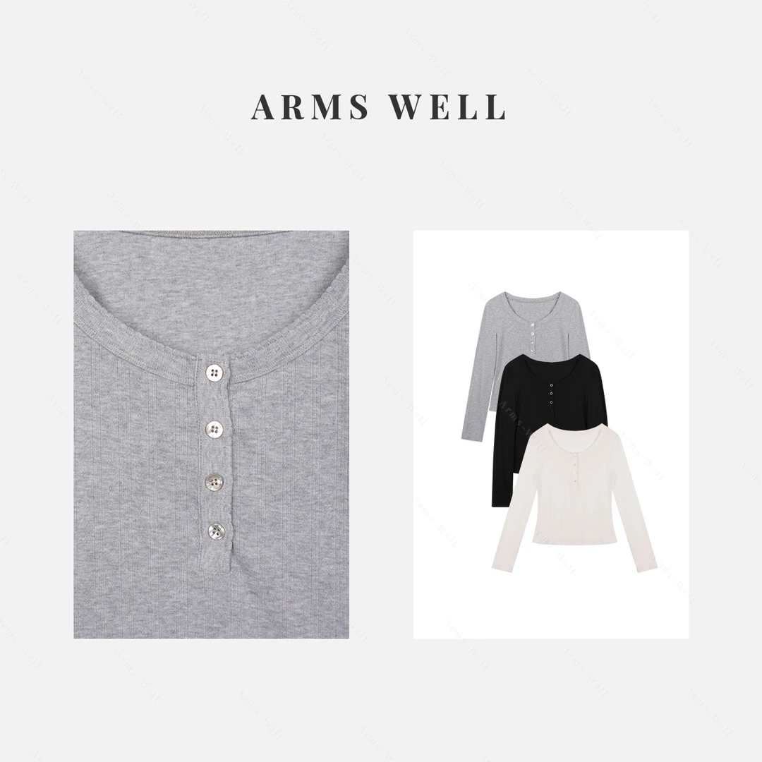 ARMS WELL王囡囡 黑/灰/白色四颗扣锯齿边长袖T恤 L231