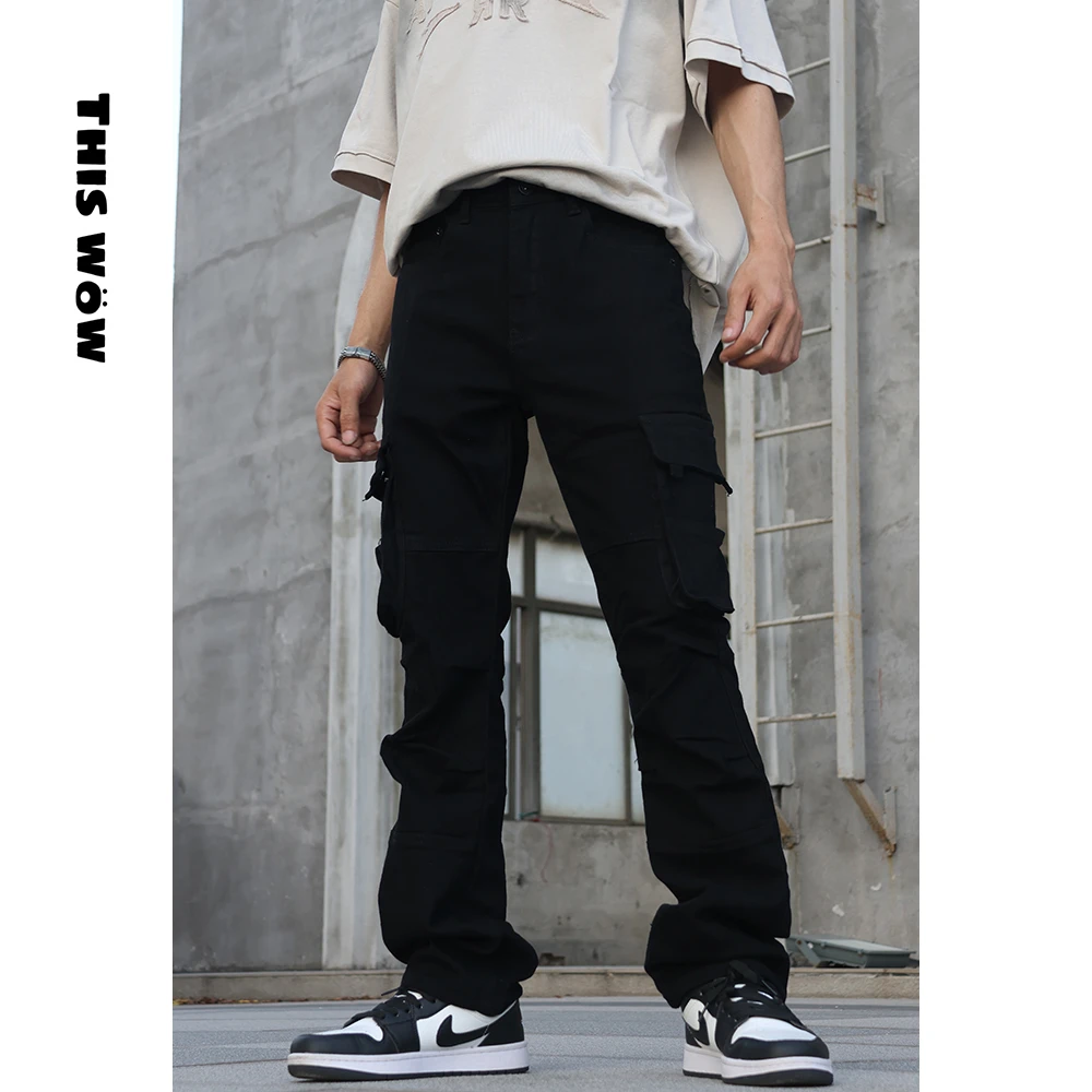 THIS WOW多口袋四季517直筒裤拉链牛仔裤男女黑色微喇裤工装裤