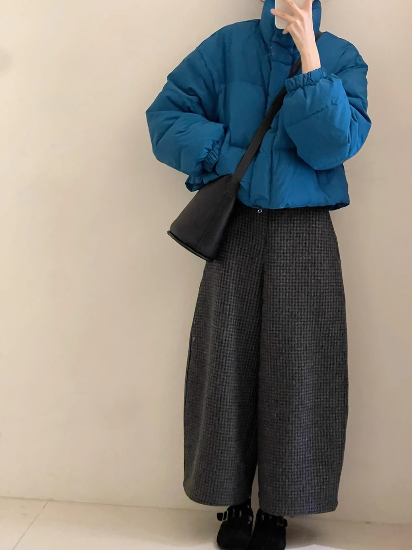 冬季穿搭一整套法式高级感孔雀蓝加厚保暖棉服格子休闲裤两件套潮