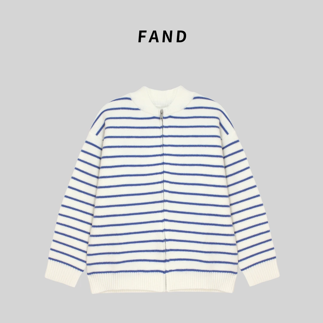 FAND品牌【oldblue】秋冬时尚加厚条纹棒球领开衫外套毛衣