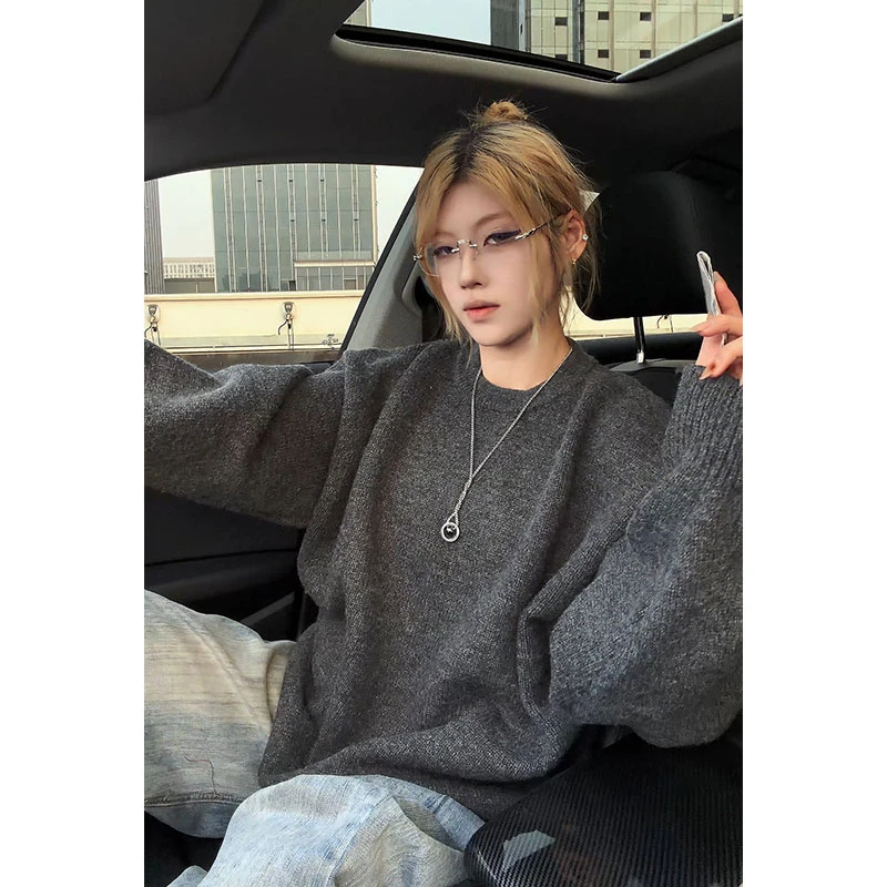 V37美式潮牌毛茸茸宽松慵懒风针织衫男秋冬复古纯色套头毛衣外套