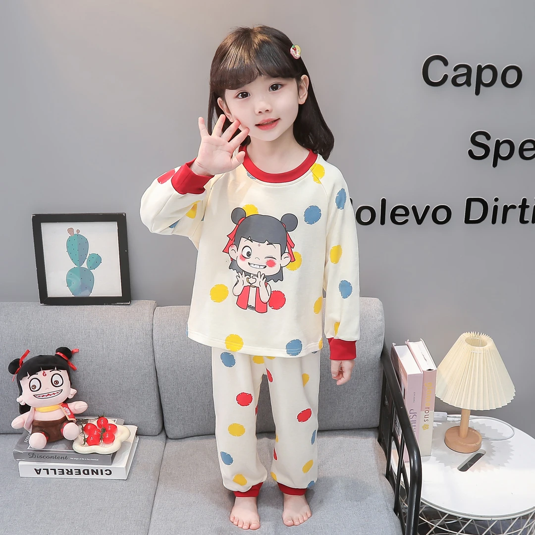女童纯棉睡衣儿童薄款长袖春秋季女孩宝宝卡通可爱哪吒家居服套装