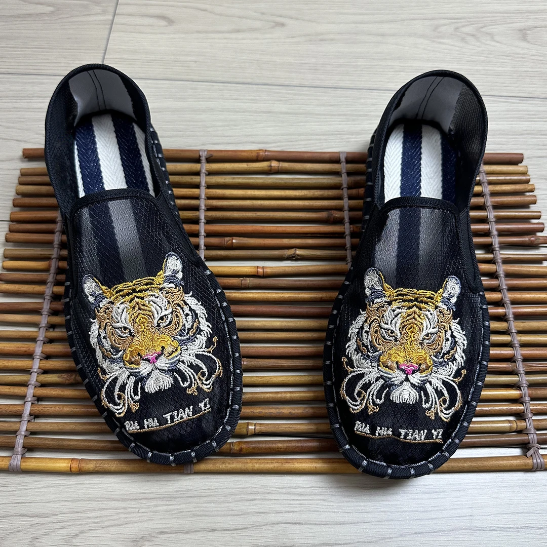 夏季新款老北京布鞋男网鞋如虎添翼网纱透气刺绣鞋黑色网布绣花鞋