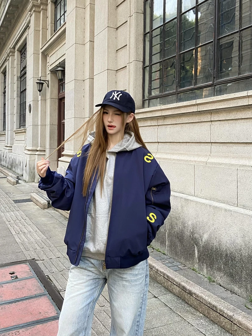 美式街头刺绣字母立领飞行夹克男女小众设计百搭廓形宽松休闲外套