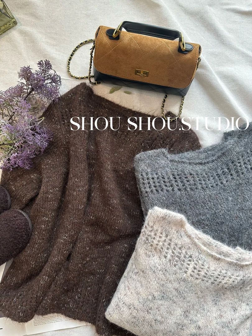 【瘦瘦】大码羊毛大领口镂空杂色氛围感百搭长袖套头毛衣S02033