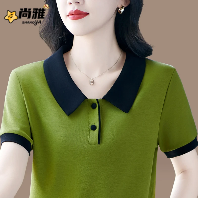 中年妈妈装娃娃领短袖t恤女2025新款气质显瘦中老年休闲百搭小衫