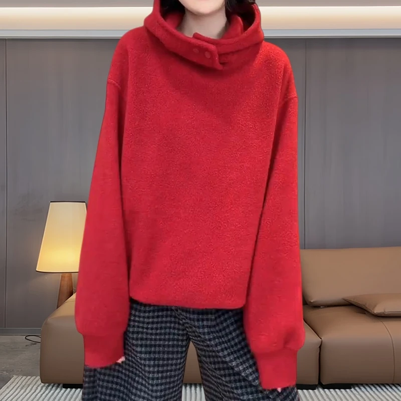 韩版减龄雪花绒设计连帽卫衣女秋冬松弛舒适软糯宽松显瘦套头上衣