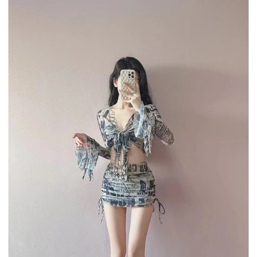 NiceGirl美式复古新款长袖比基尼女泳衣字母印花泡温泉度假保守