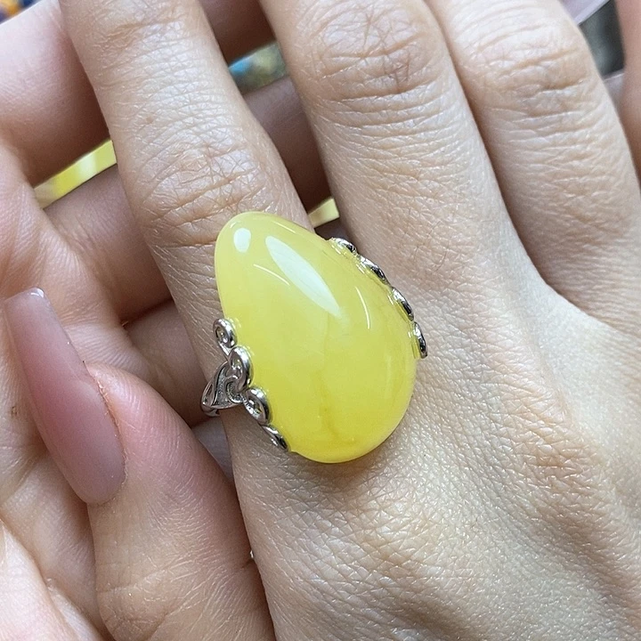 琥珀戒指银S925镶嵌心*戒指