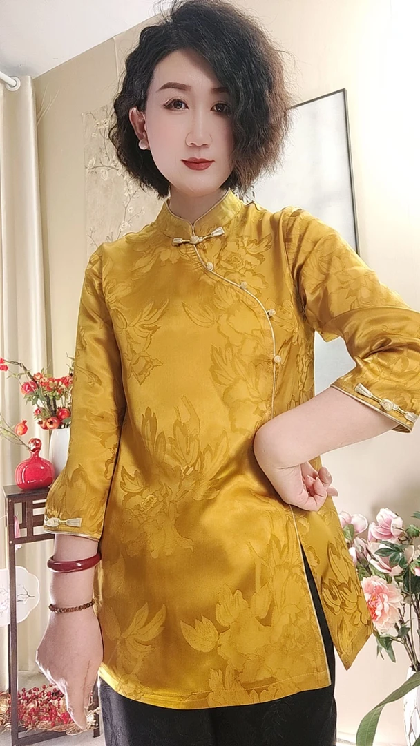 黄如意春季新款新中式国风上衣七分袖打底衫
